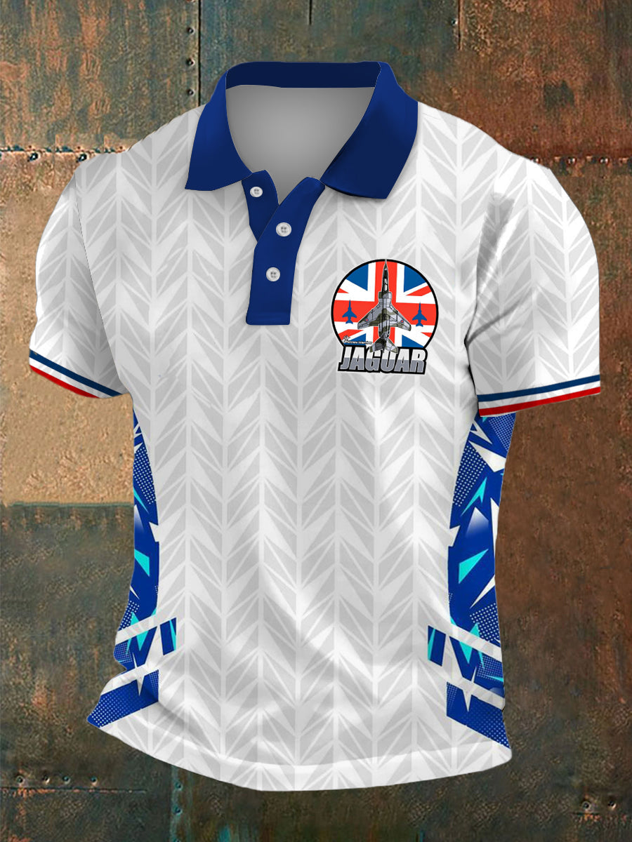 Men's British Fighter Jet Print Polo Neck Plunger Short Sleeve T-Shirt
