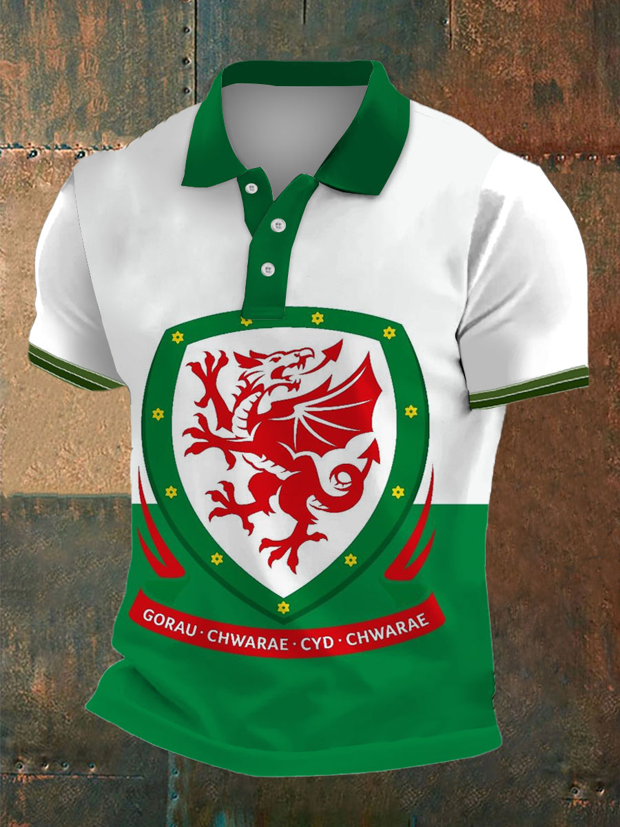 Men's Wales Print Polo Neck Plunger Short Sleeve T-Shirt