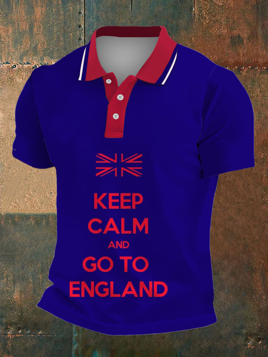 Men's Keep Clam Print Polo Neck Plunger Short Sleeve T-Shirt