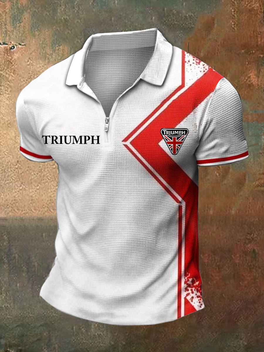 Men's Triumph Print Polo Neck Plunger Short Sleeve T-Shirt