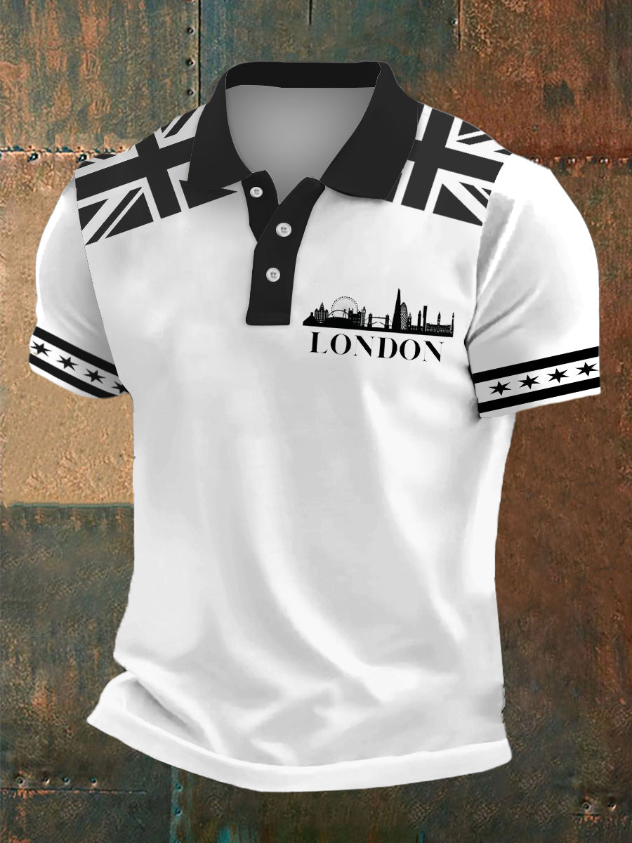 Men's British Flag Print Polo Neck Plunger Short Sleeve T-Shirt
