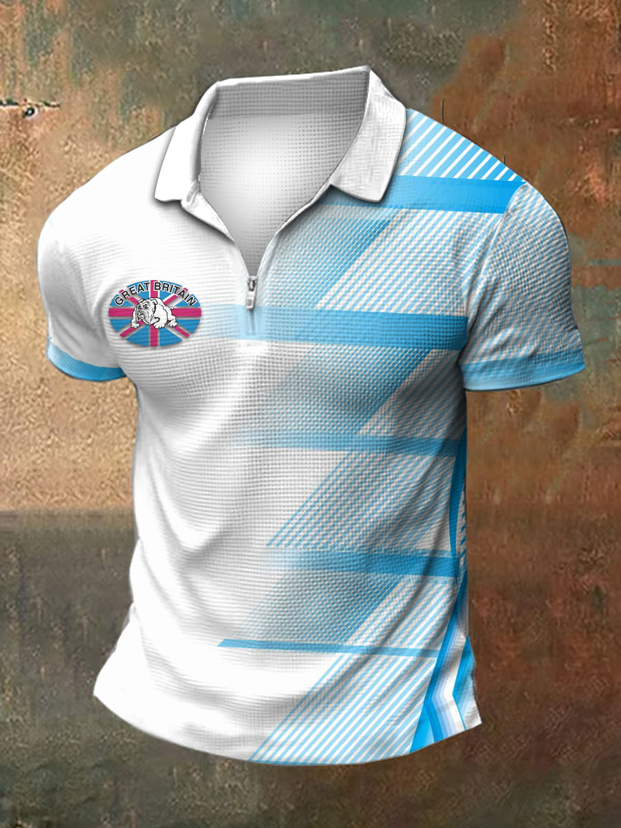 Men's British Print Polo Neck Plunger Short Sleeve T-Shirt