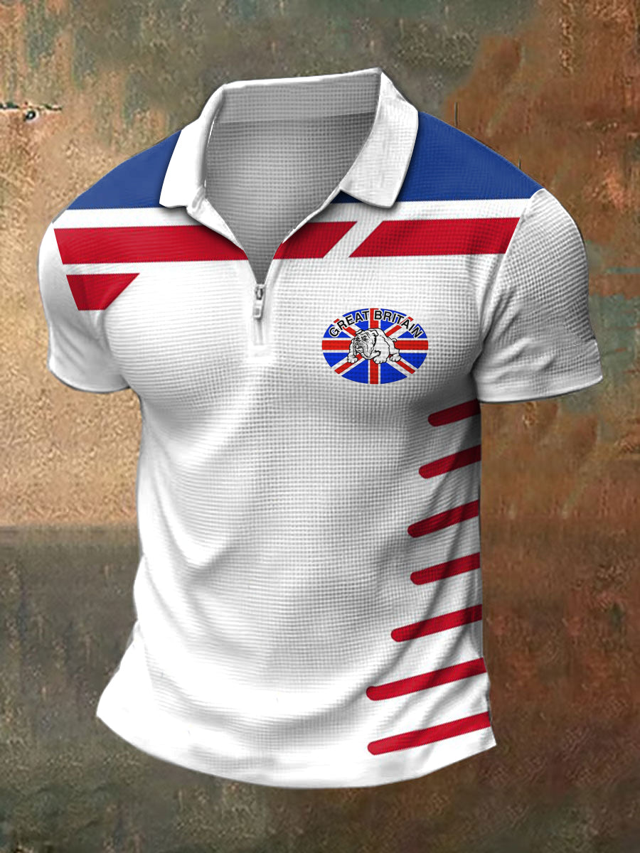 Men's British Bulldog Print Polo Neck Plunger Short Sleeve T-Shirt
