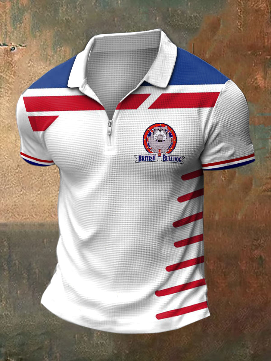 Men's British Bulldog Print Polo Neck Plunger Short Sleeve T-Shirt