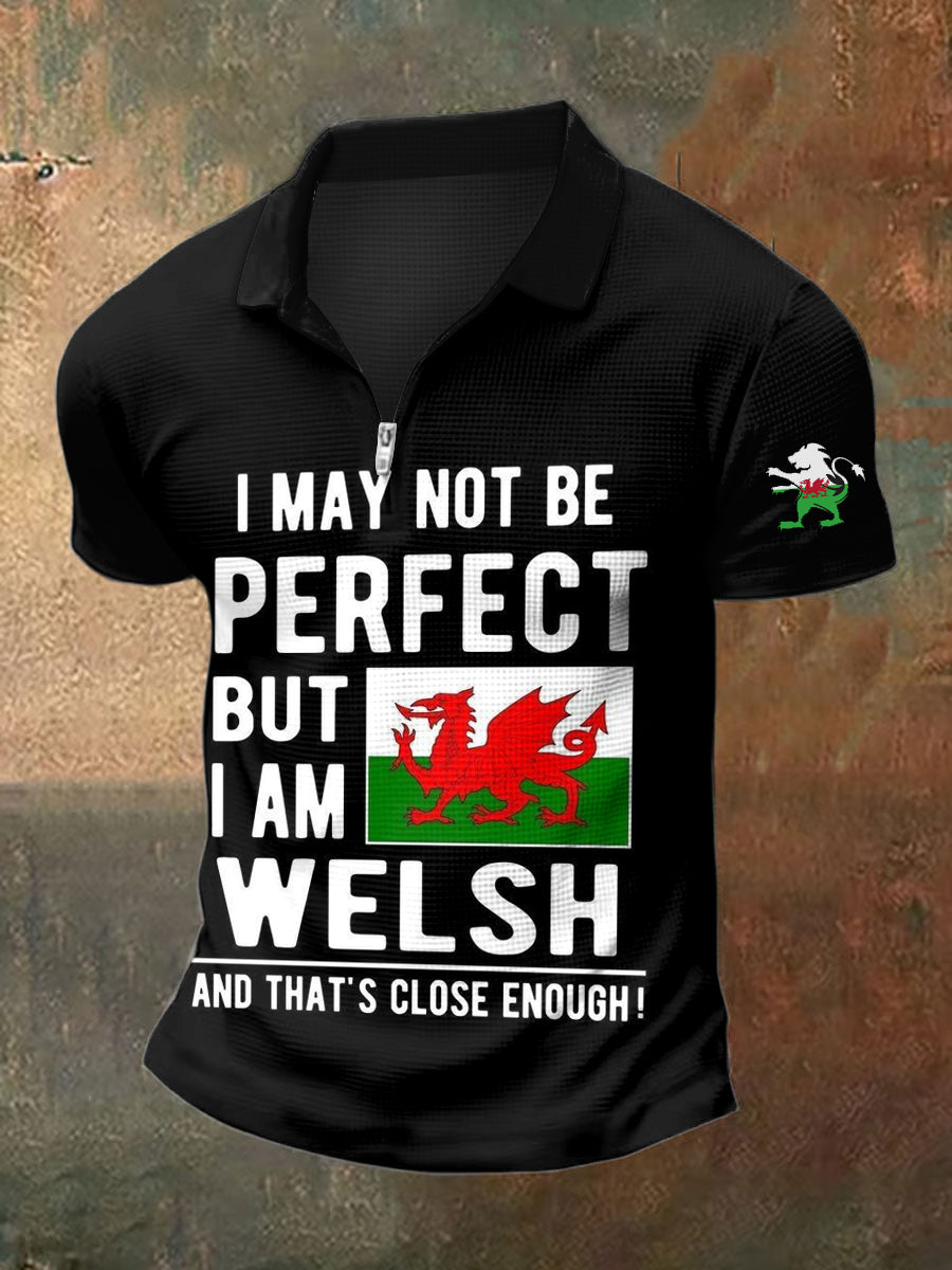 Men's Wales Print Polo Neck Plunger Short Sleeve T-Shirt