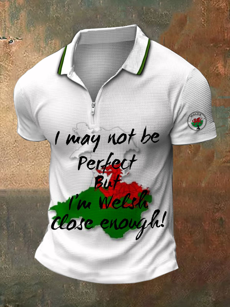 Men's Wales Print Polo Neck Plunger Short Sleeve T-Shirt
