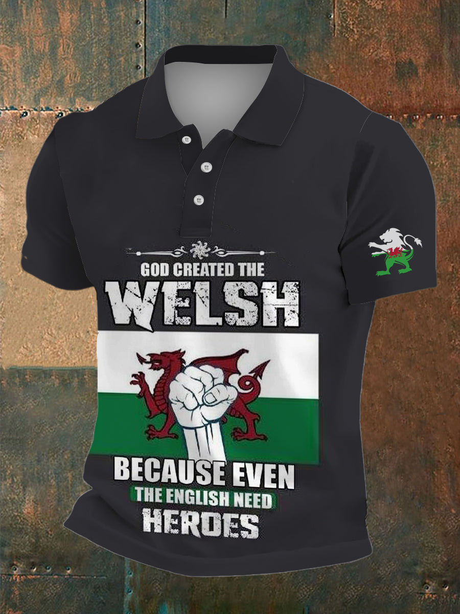 Men's Wales Print Polo Neck Plunger Short Sleeve T-Shirt