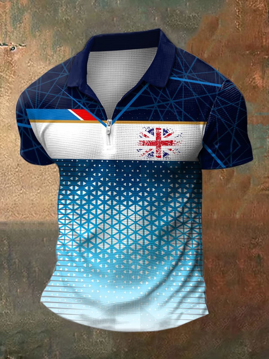 Men's British Print Polo Neck Plunger Short Sleeve T-Shirt