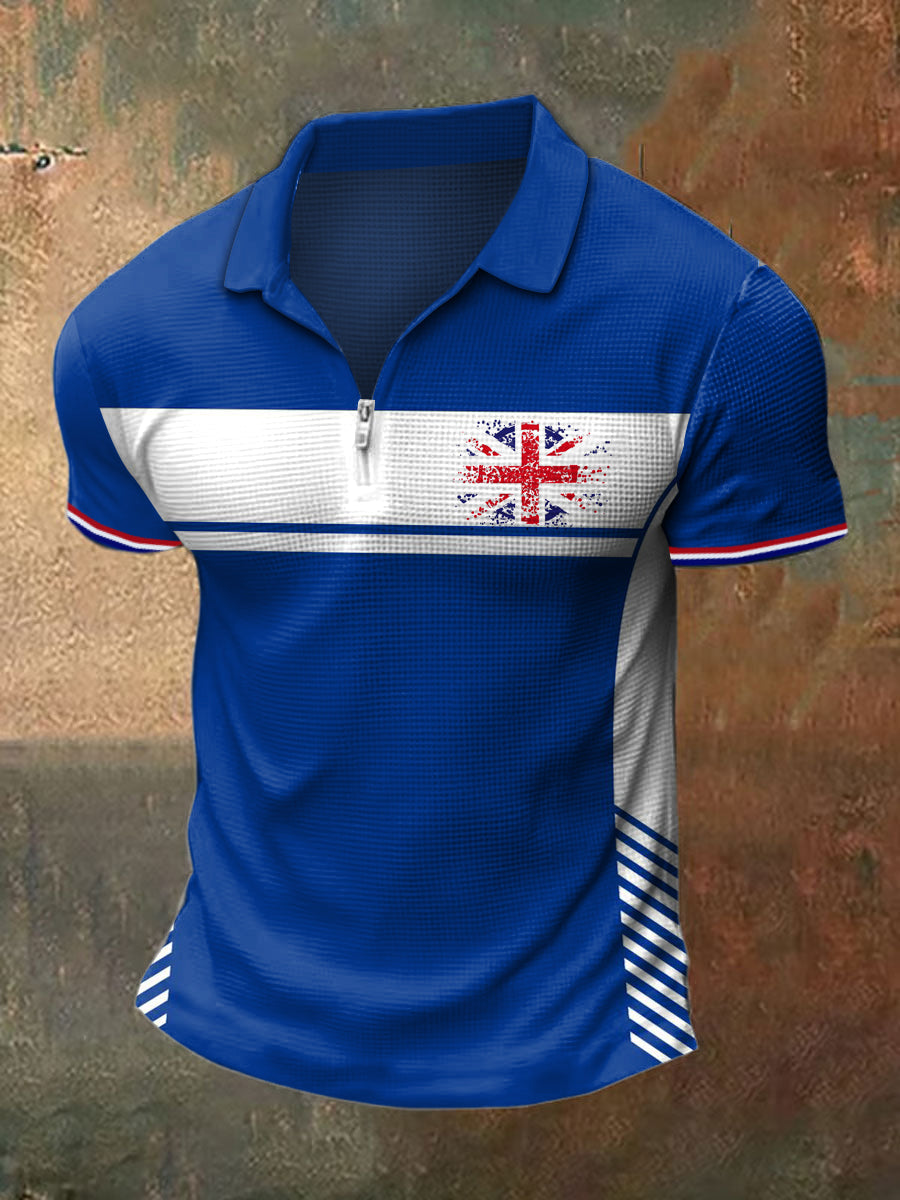 Men's British Print Polo Neck Plunger Short Sleeve T-Shirt