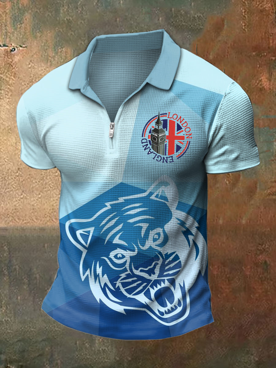 Men's British Print Polo Neck Plunger Short Sleeve T-Shirt