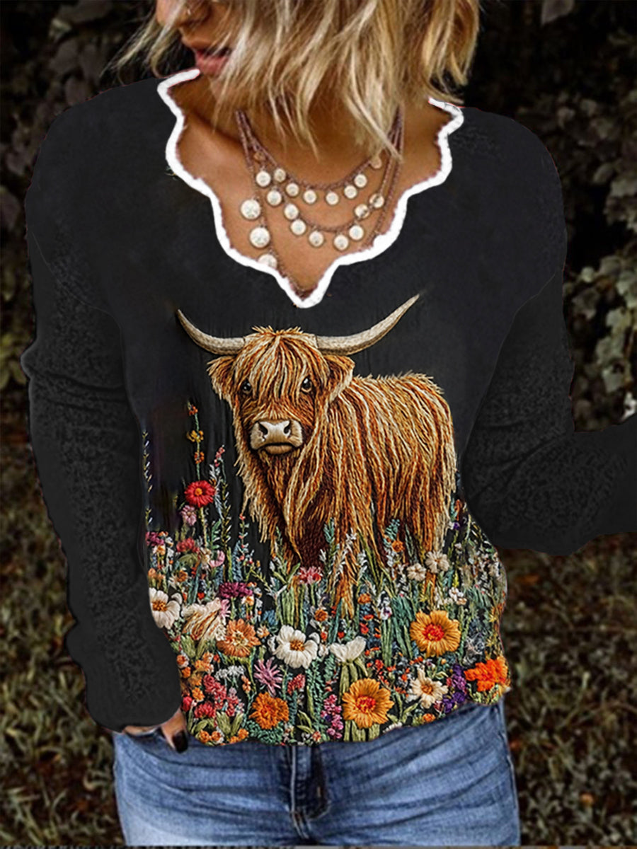 Women's Vintage Scotland Highland Cow Flower Casual Long Sleeve Top