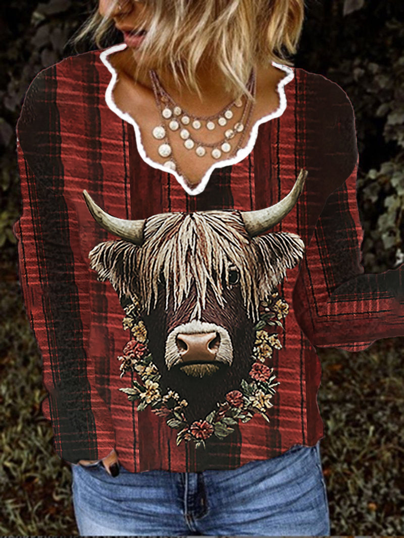 Women's Vintage Scotland Highland Cow Flower Casual Long Sleeve Top