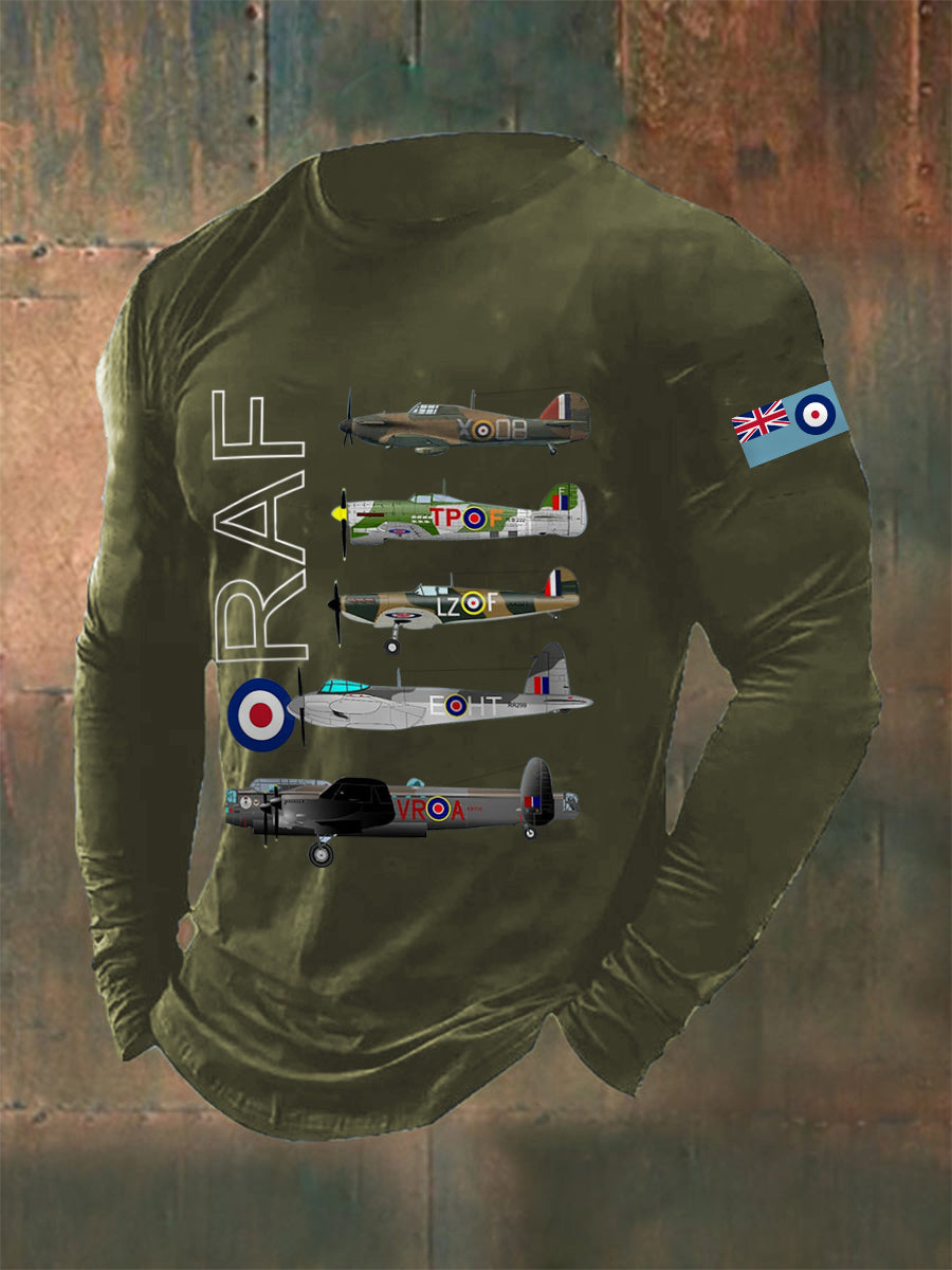 Men's Vintage Spitfire Lancaster Typhoon Hurricane Mosquito Print Casual Long-Sleeve Tee