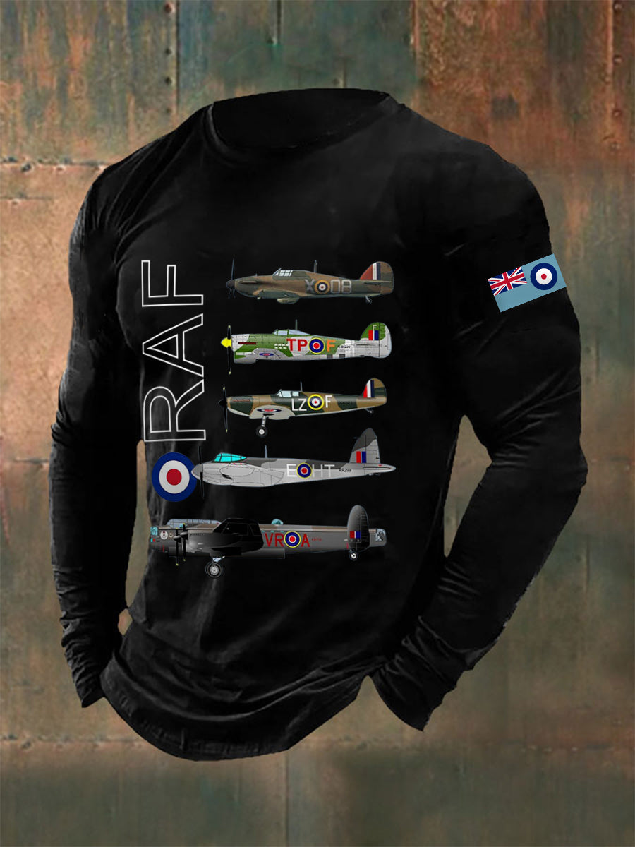 Men's Vintage Spitfire Lancaster Typhoon Hurricane Mosquito Print Casual Long-Sleeve Tee