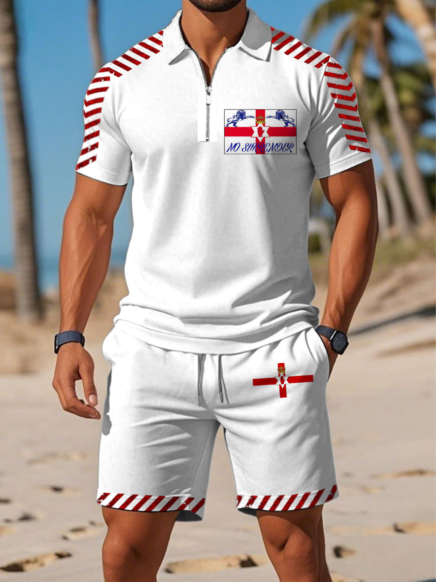 Men's Northern Ireland Printed Polo Zipper Collar Short Sleeve Shorts Set