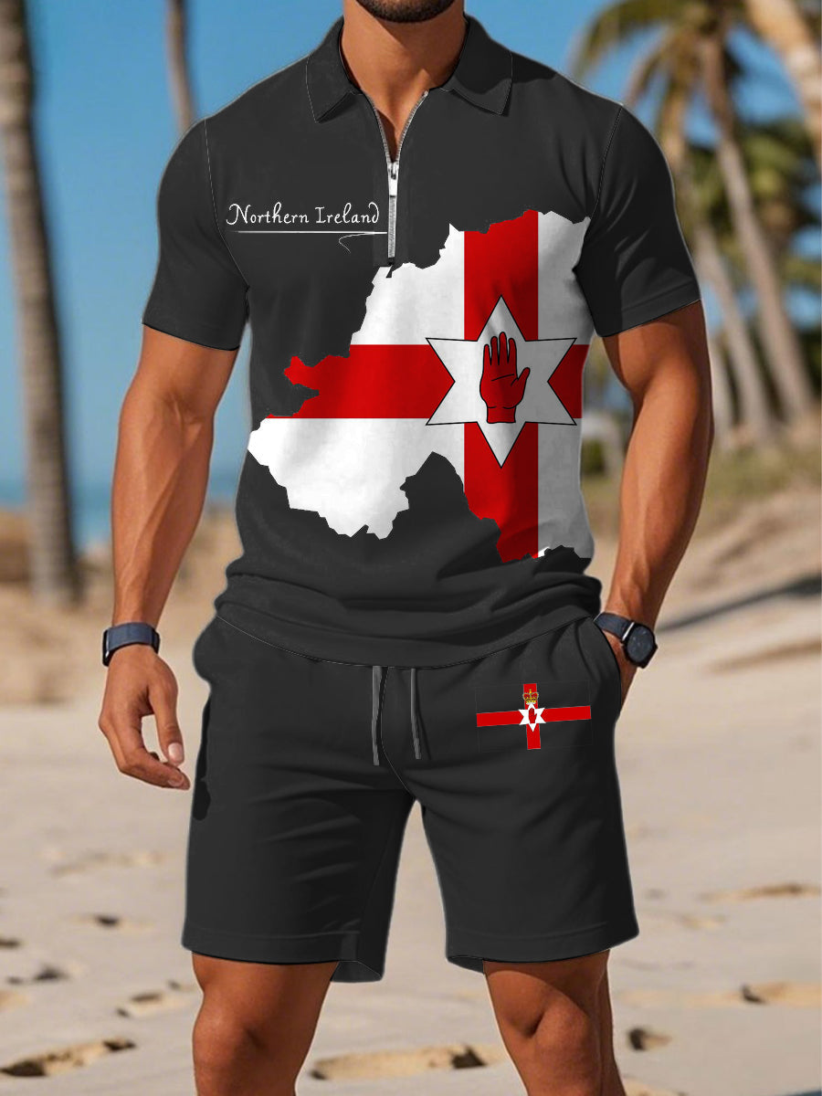 Men's Northern Ireland Printed Polo Zipper Collar Short Sleeve Shorts Set