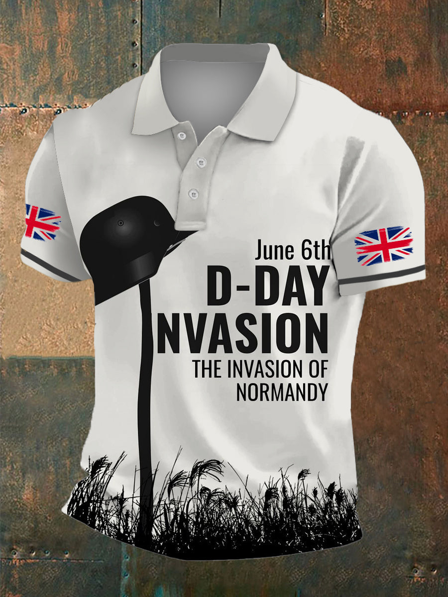 Men's Normandy Invasion Print Polo Collar Casual Short Sleeved Shirt