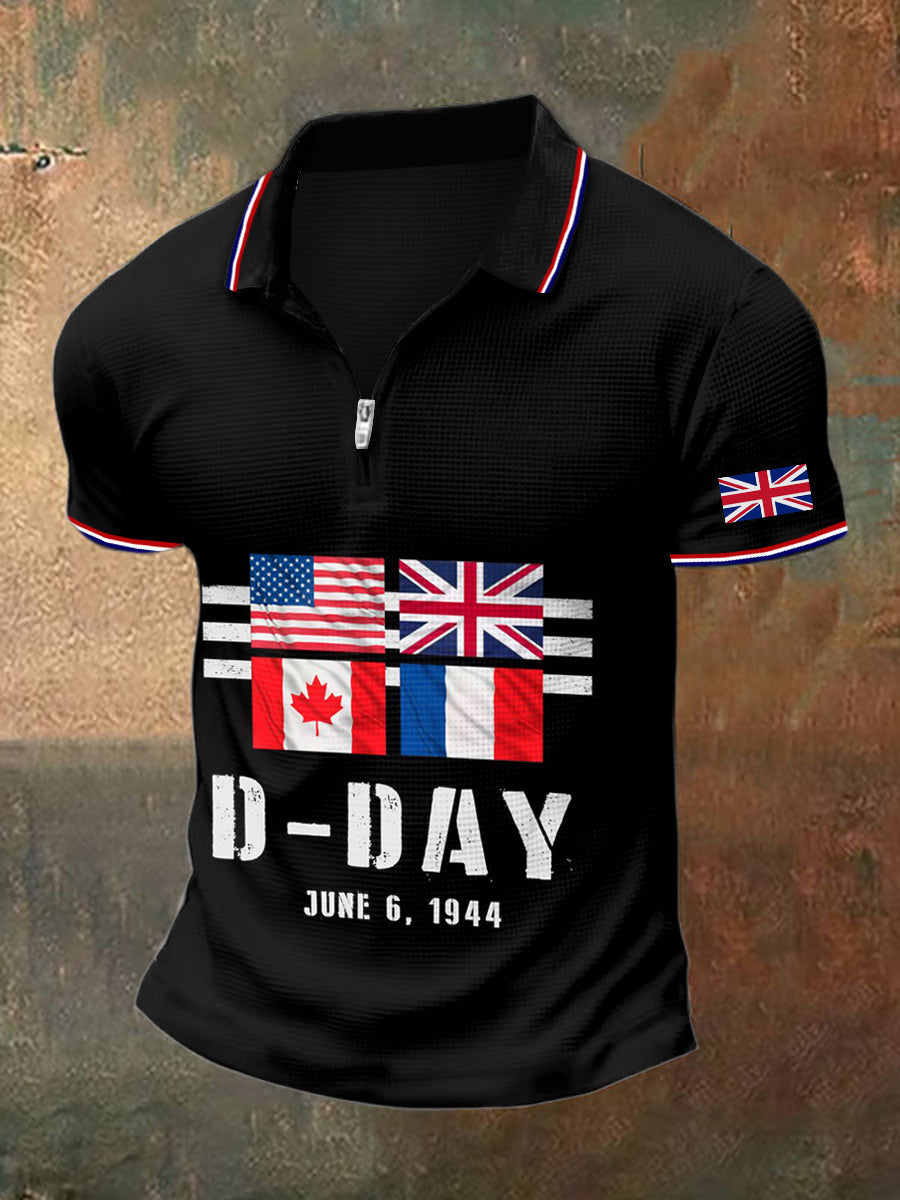Men's D-Day Normandy Print Polo Collar Casual Short Sleeved Shirt