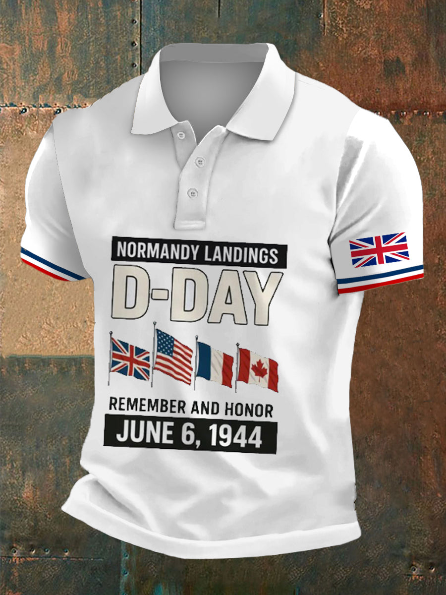 Men's D-Day Normandy Print Polo Collar Casual Short Sleeved Shirt
