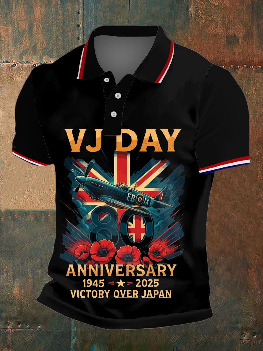 Men's V-J Day Print Polo Collar Casual Short Sleeved Shirt