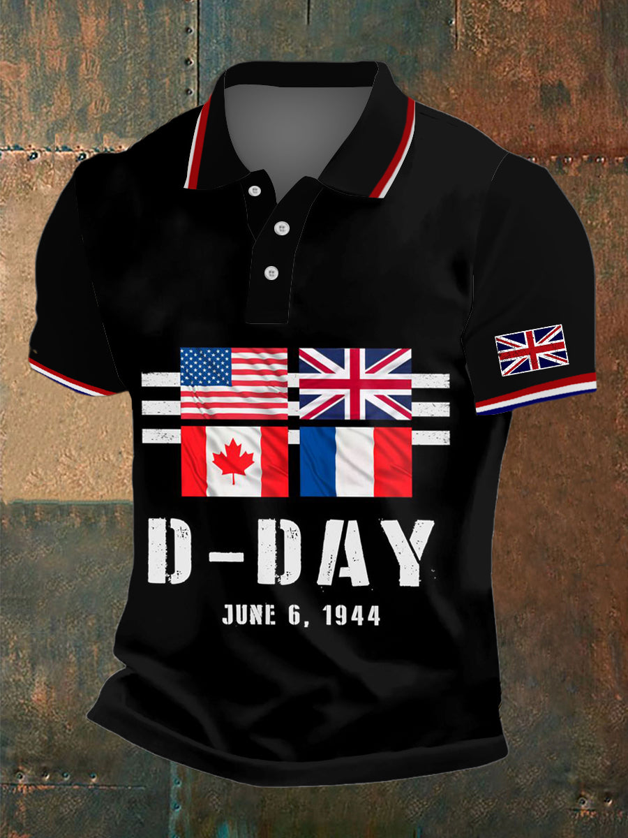 Men's D-Day Normandy Print Polo Collar Casual Short Sleeved Shirt