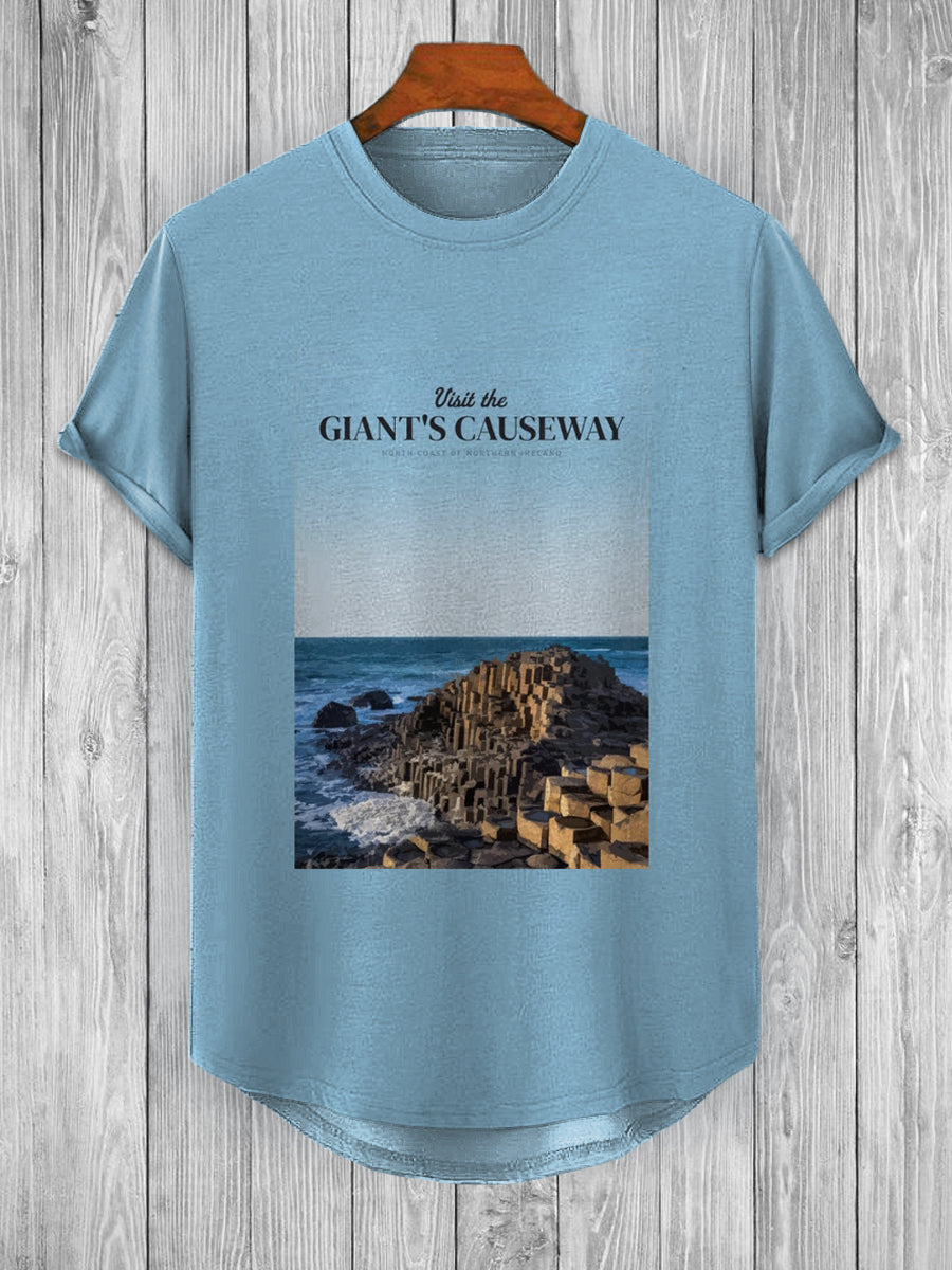 Retro Giant Causeway Printed Fashionable Loose Short Sleeved T-shirt With Irregular Hem