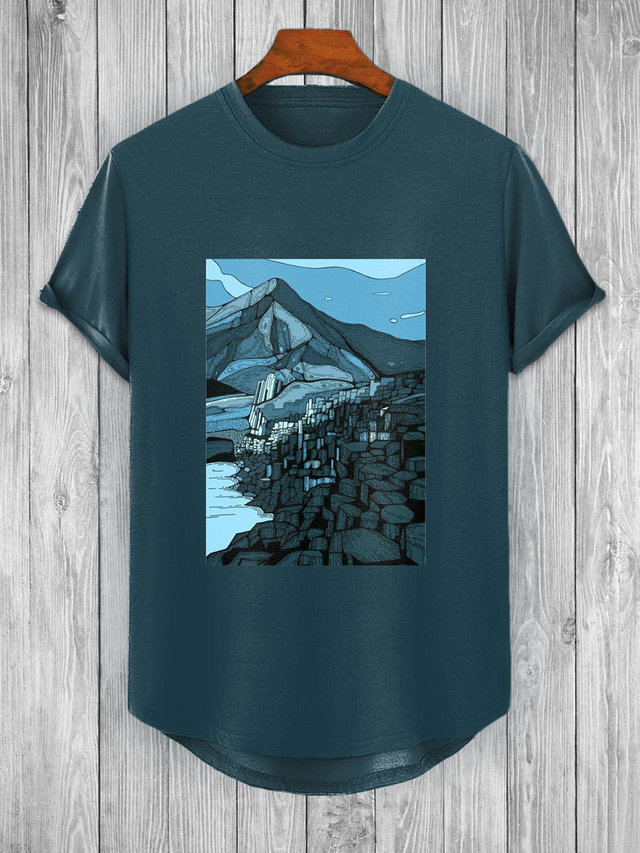 Retro Giant Causeway Printed Fashionable Loose Short Sleeved T-shirt With Irregular Hem