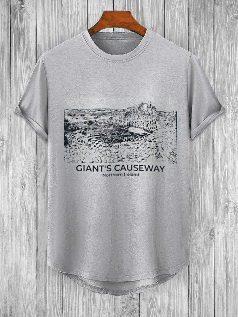 Retro Giant Causeway Printed Fashionable Loose Short Sleeved T-shirt With Irregular Hem