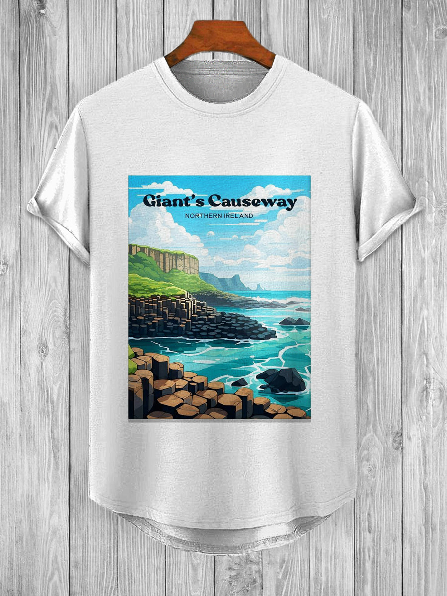 Retro Giant Causeway Printed Fashionable Loose Short Sleeved T-shirt With Irregular Hem