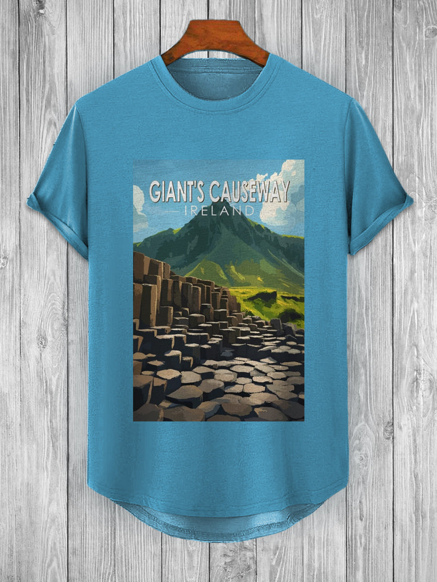 Retro Giant Causeway Printed Fashionable Loose Short Sleeved T-shirt With Irregular Hem