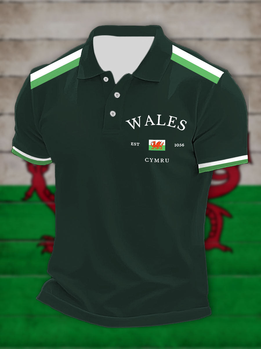 Men's Welsh Print Casual Button T-Shirt