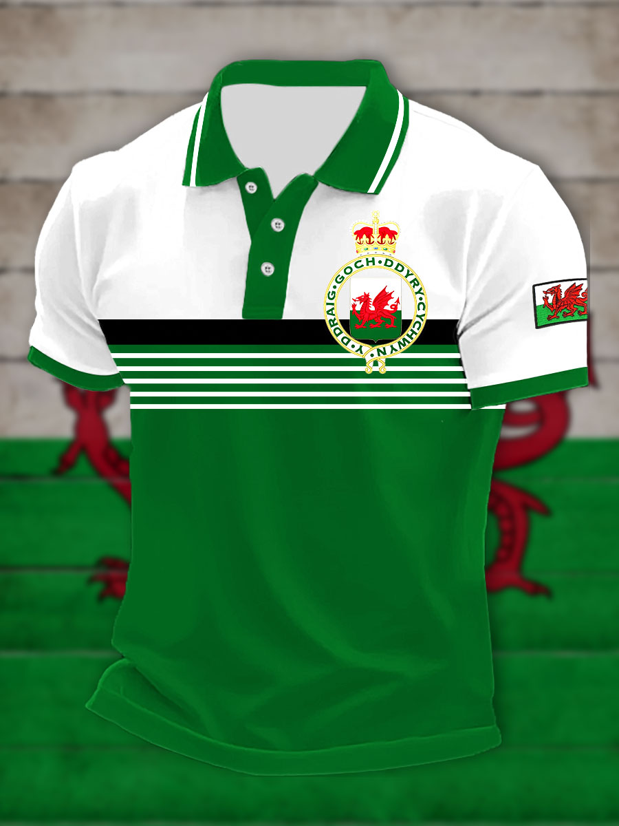 Men's Welsh Print Casual Button T-Shirt