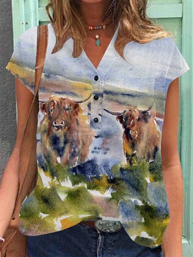 Women's Vintage Scotland Art Print Cotton Linen Casual Short Sleeve Shirt