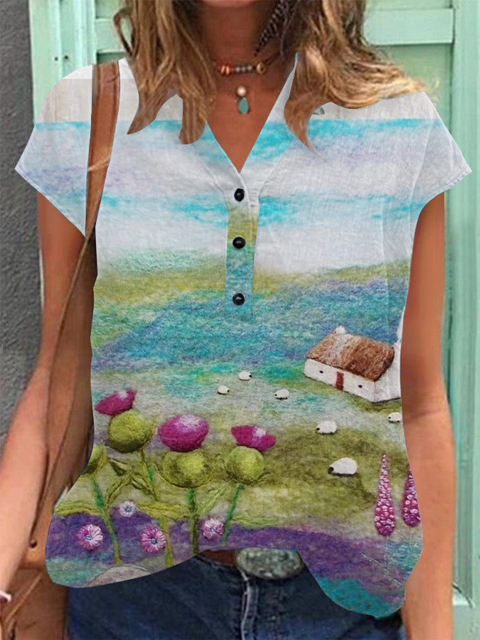 Women's Vintage Scotland Art Print Cotton Linen Casual Short Sleeve Shirt