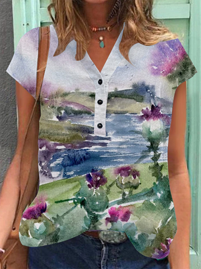 Women's Vintage Scotland Art Print Cotton Linen Casual Short Sleeve Shirt