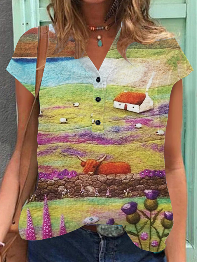 Women's Vintage Scotland Art Print Cotton Linen Casual Short Sleeve Shirt