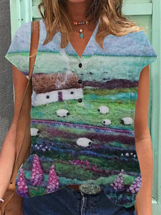 Women's Vintage Scotland Art Print Cotton Linen Casual Short Sleeve Shirt