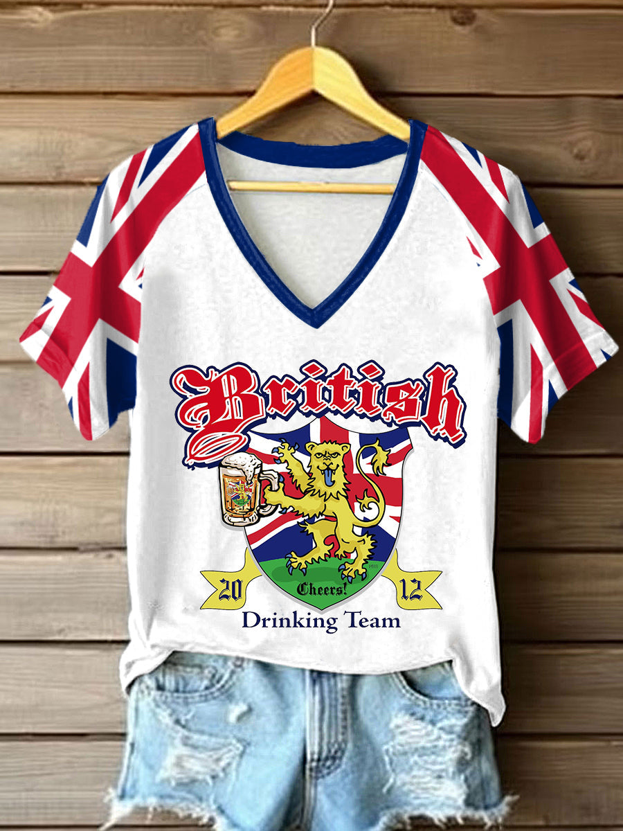 Women's Britain Drinking Team V-neck Off-shoulder Short-sleeved T-shirt
