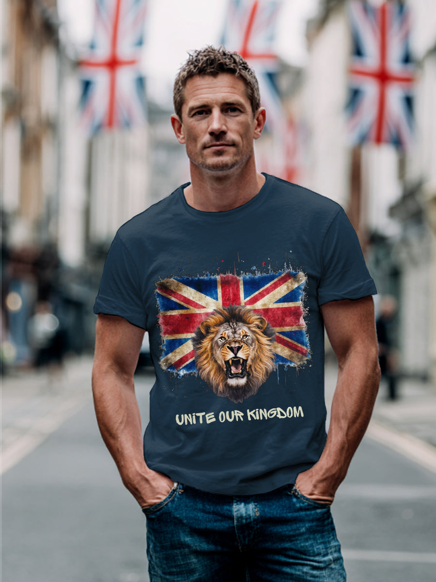 Men's Unite Our Kingdom UK Flag Lion Print Casual Tee