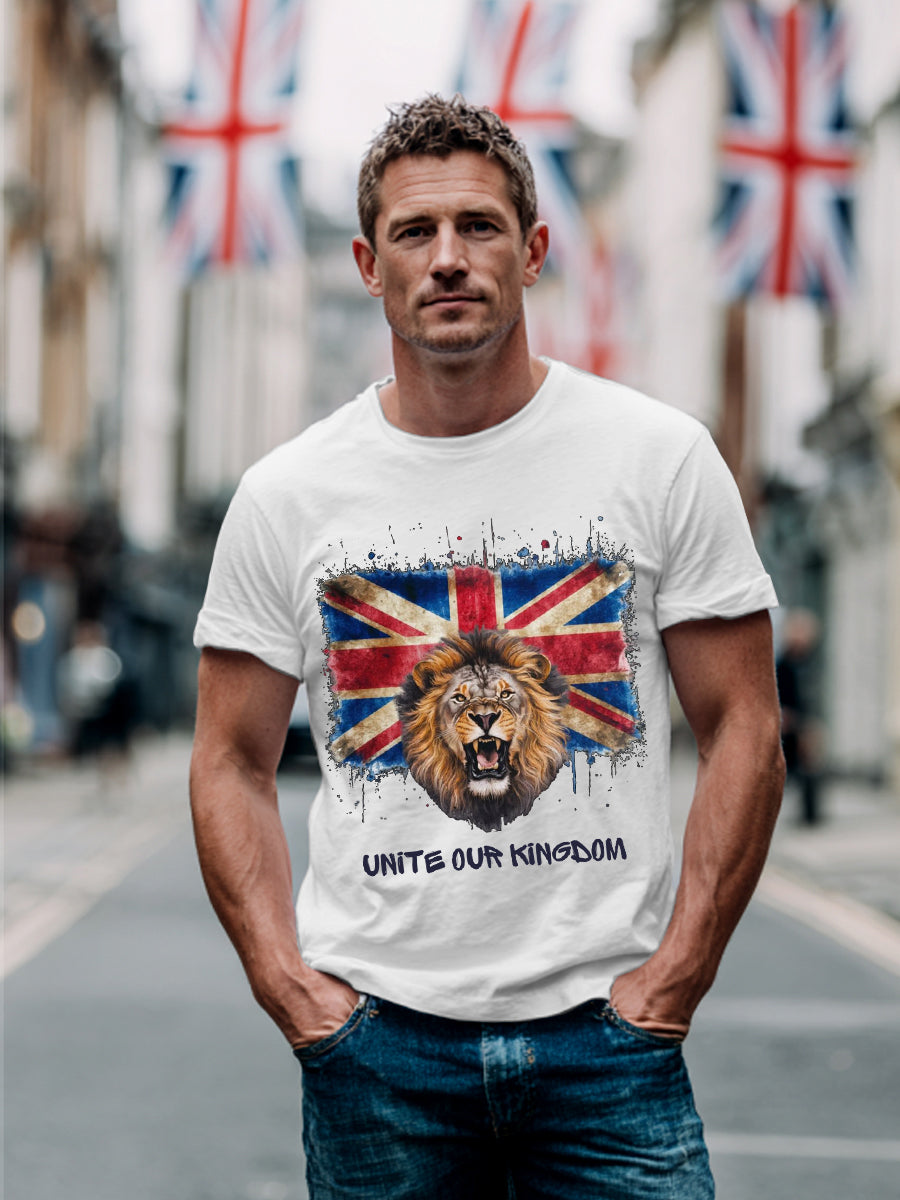 Men's Unite Our Kingdom UK Flag Lion Print Casual Tee