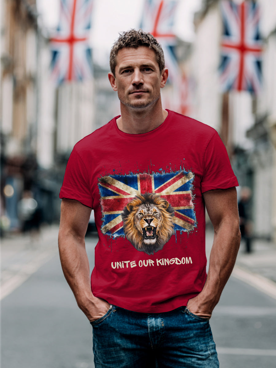 Men's Unite Our Kingdom UK Flag Lion Print Casual Tee