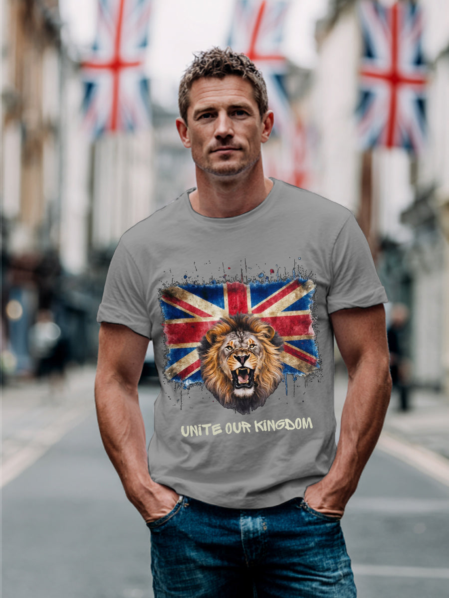 Men's Unite Our Kingdom UK Flag Lion Print Casual Tee