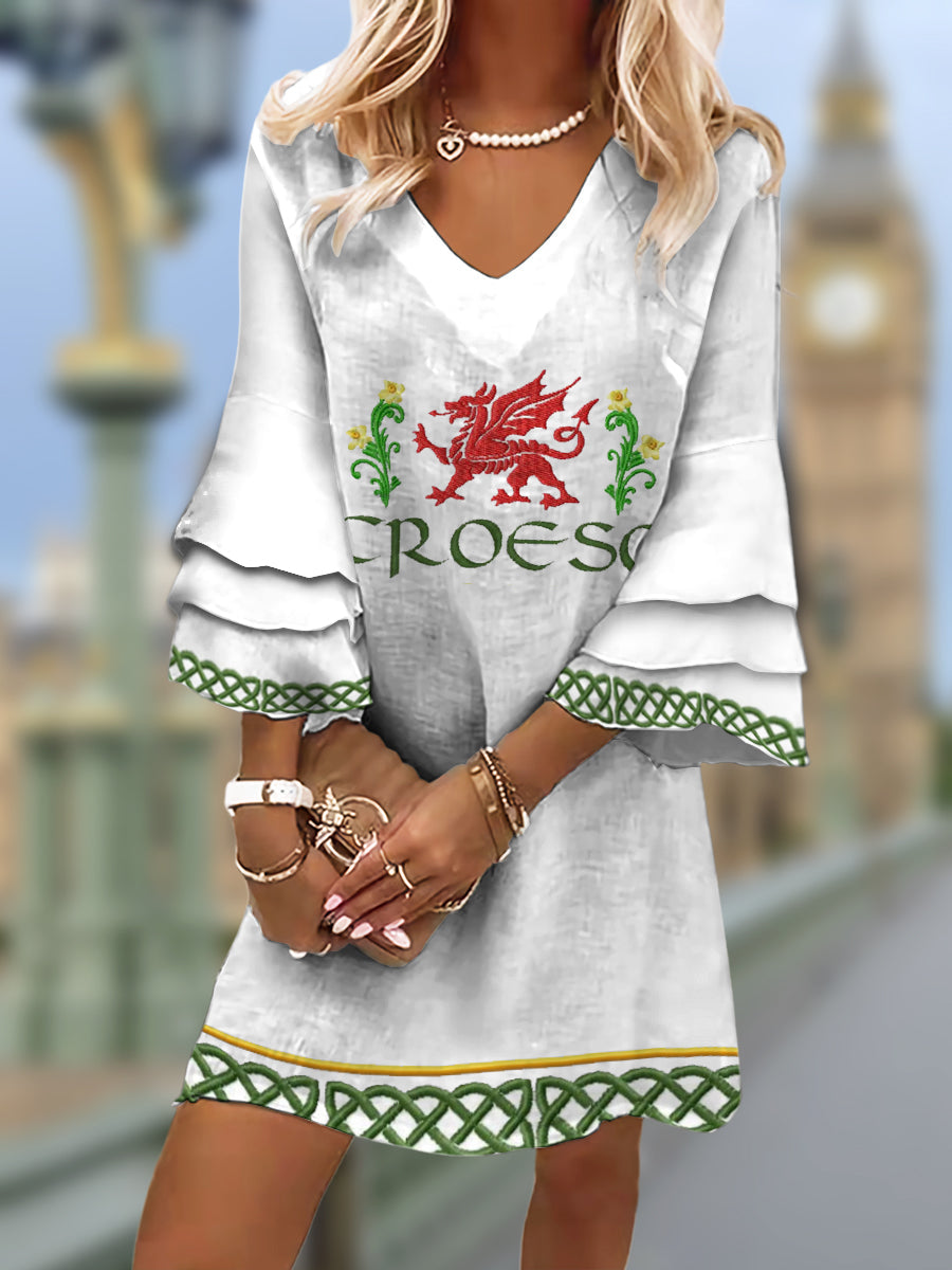 Women's Welsh Red Dragon&Narcissus Print Casual Mini Dress