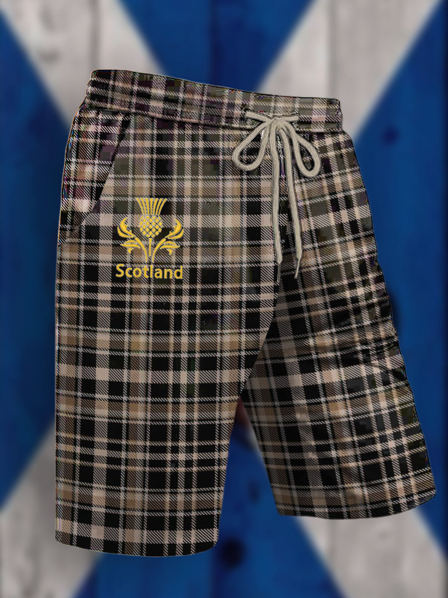 Men's Scotland Tartan Thistle Printed Drawstring Shorts