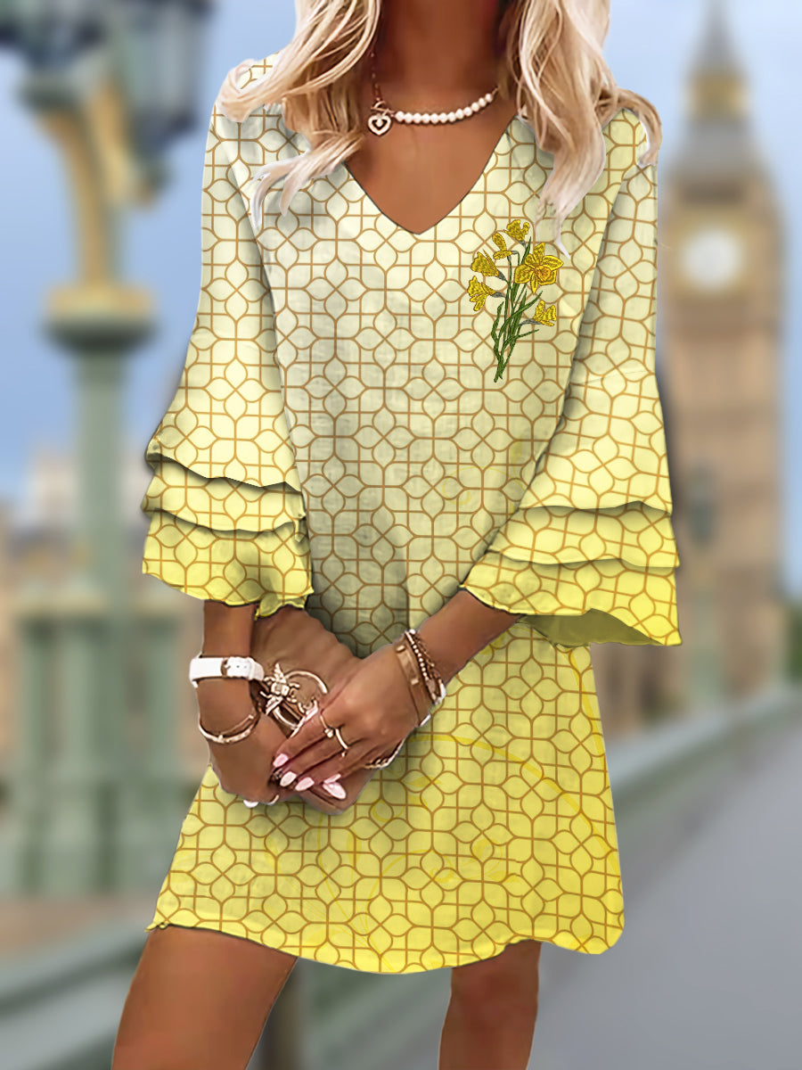 Women's Welsh Narcissus Print Casual Mini Dress