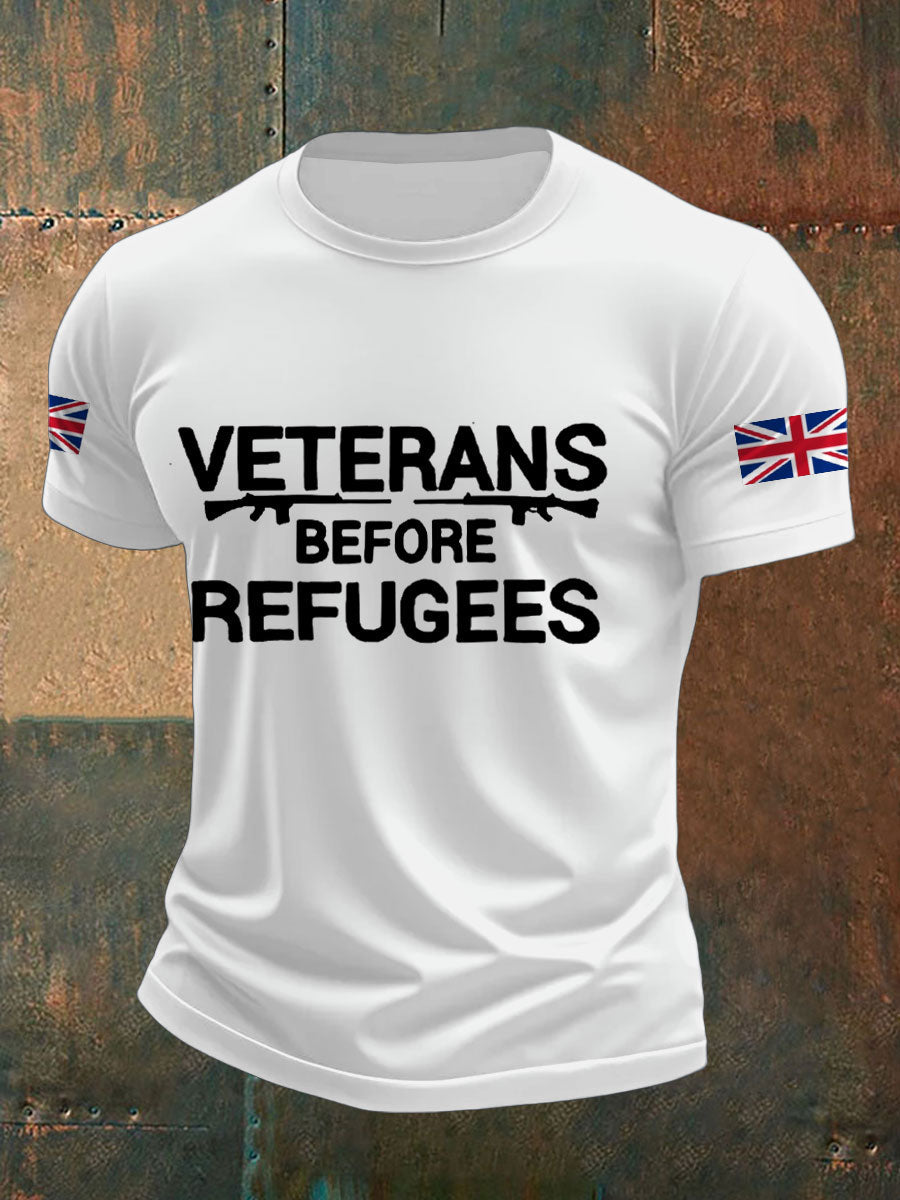 Men's UK Flag Veterans Before Refugees Printed T-shirt