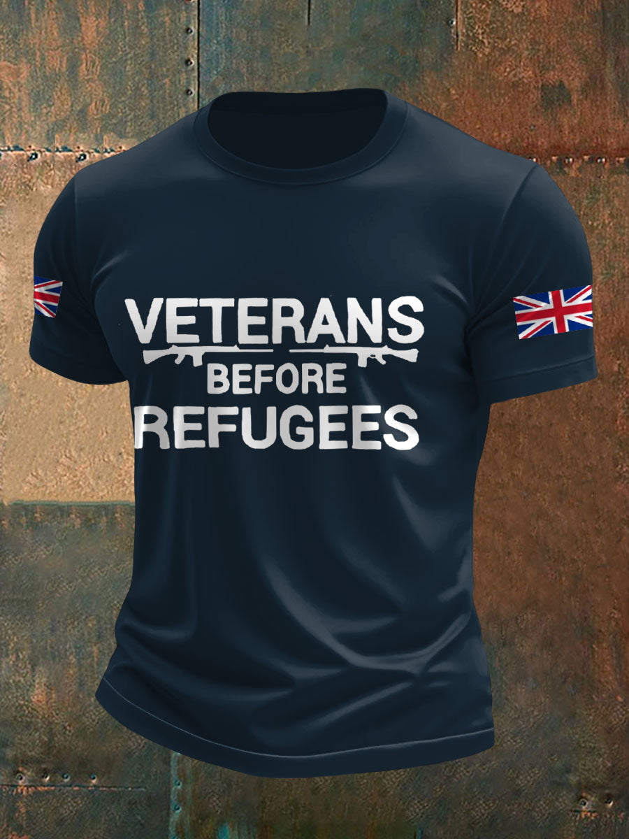 Men's UK Flag Veterans Before Refugees Printed T-shirt