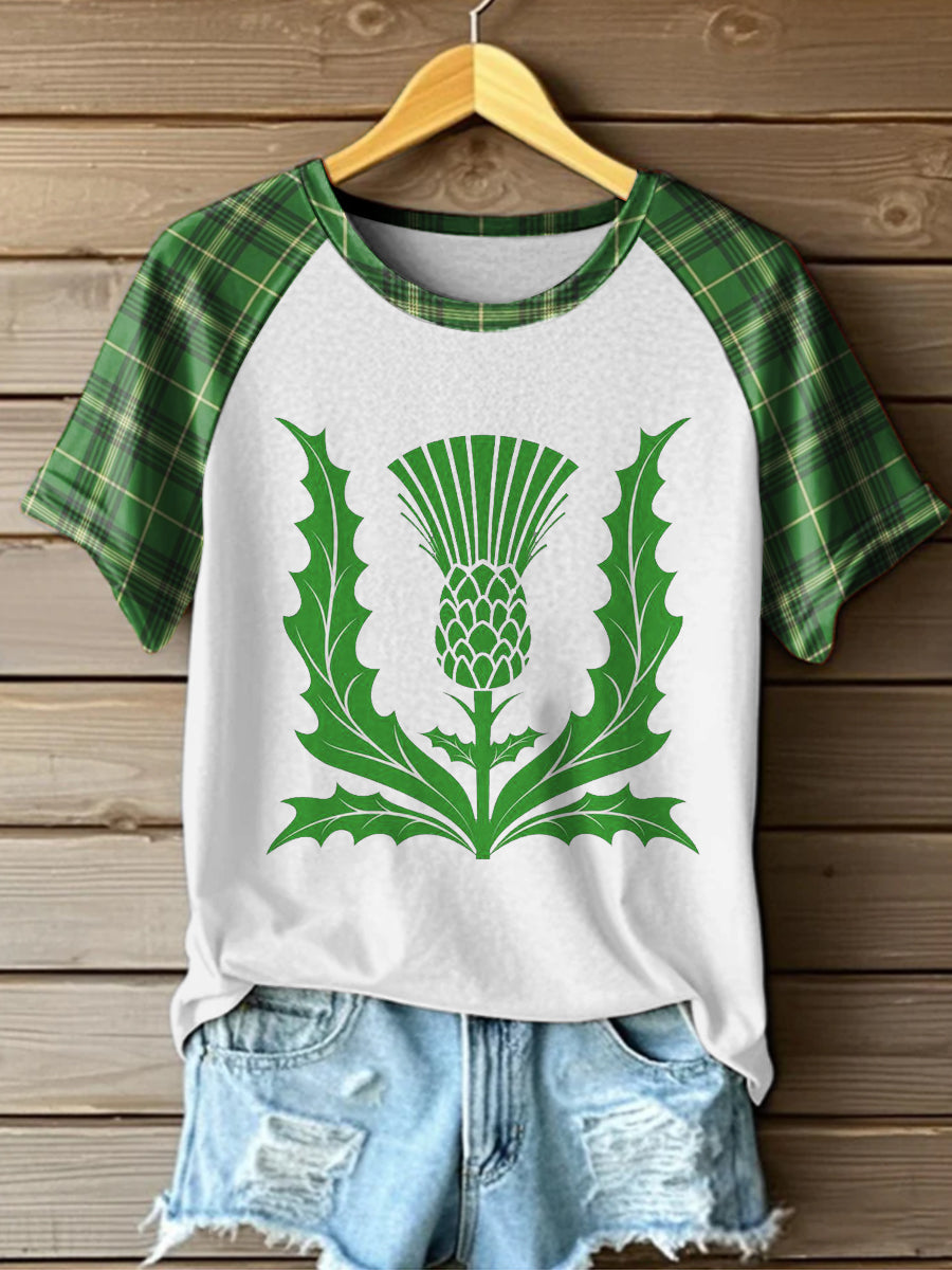 Scotland Tartan Thistle Printed Vintage Fashion Loose Short Sleeve T-Shirt
