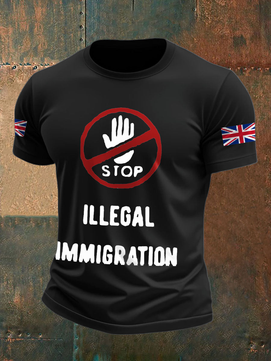 Men's UK Flag Stop Illegal Immigration Printed T-shirt