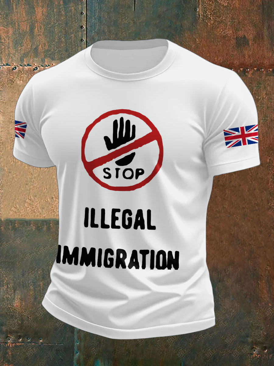 Men's UK Flag Stop Illegal Immigration Printed T-shirt